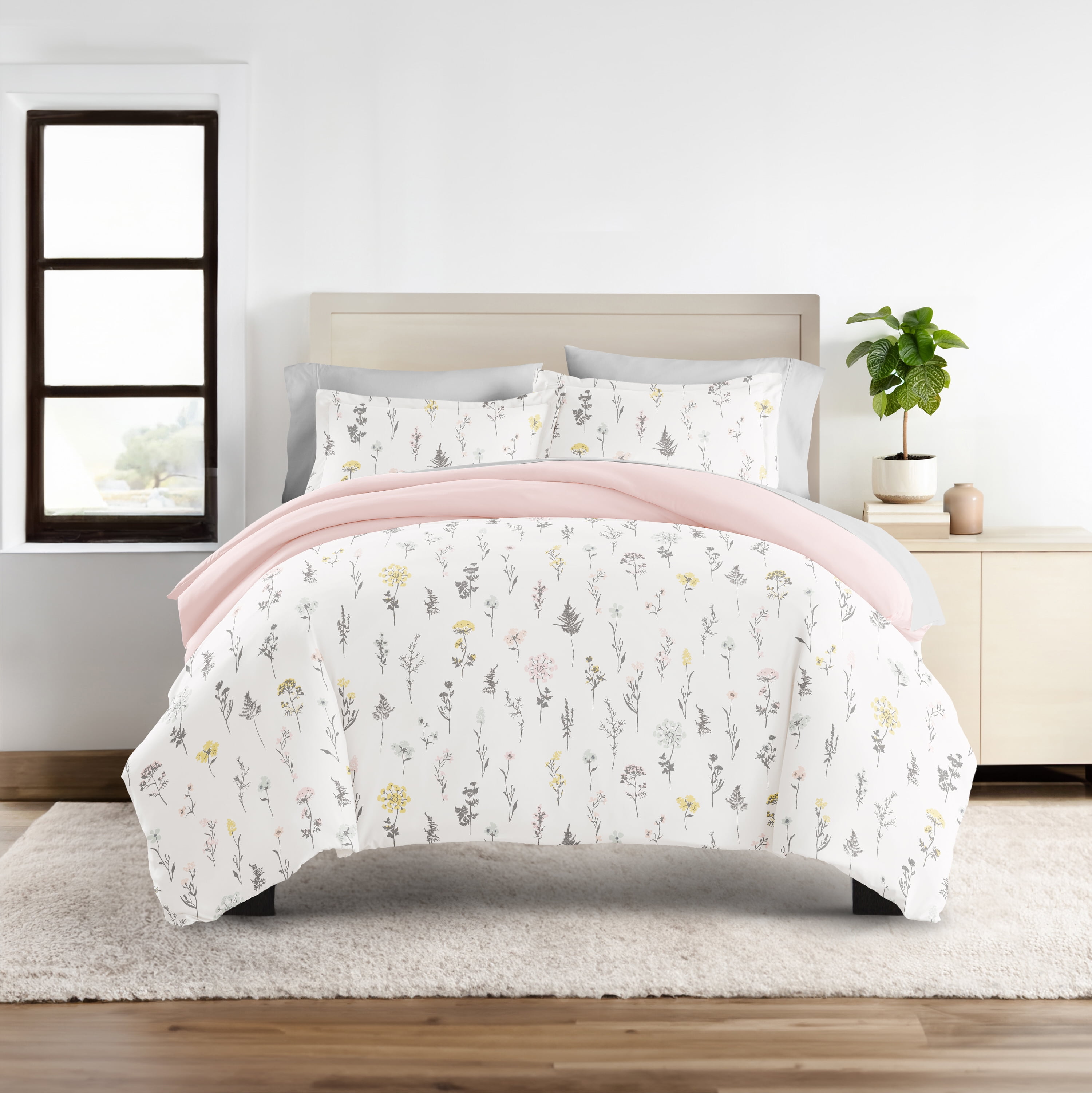 6PC Bedding Bundle - Patterned Duvet Cover Set White Comforter and Solid Sheet Set in Wildflower