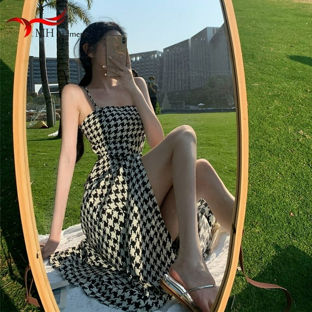 Robe longue pied de poule pour femmes tenue elegante de bureau Sexy col en v bretelles Spaghetti epaules denudees robe de plage Walmart