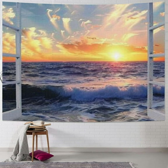 JRXY 3D Ocean Tapestry Wall Hanging Sun Sunset Sea Beach Landscape Tapestry Window Tapestries for Bedroom Living Room Home Decor Painting