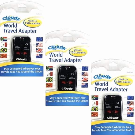Pack of 3 -  Cloudz World Travel Universal Adapter - Black (Works in 150 Countries) Retractable Power Pins