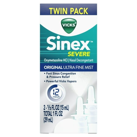 Vicks Sinex SEVERE Original Ultra Fine Mist Sinus Nasal Spray Decongestant for Fast Relief of Cold and Allergy Congestion, Twin Pack, 2 x 0.5 FL (Best Nasal Decongestant For Clogged Ears)