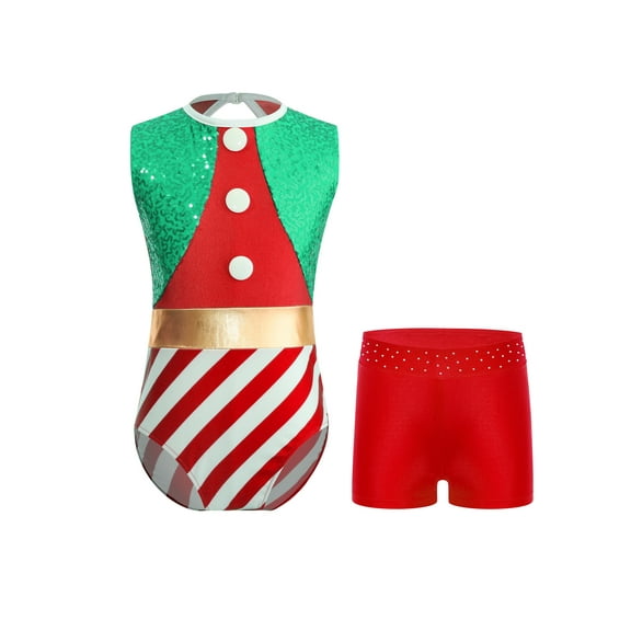 Miutii Girls Christmas Leotards with Shorts Gymnastics Performance Dance Party Outfits Holiday Festive Suit Red 12