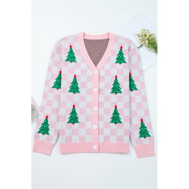 I AM A FASHION JUNKY Pink Checkered Christmas Tree Pattern Button V Neck Cardigan Sweater (Pink, XL, 52%Viscose+26%Polyester+22%Polyamide)