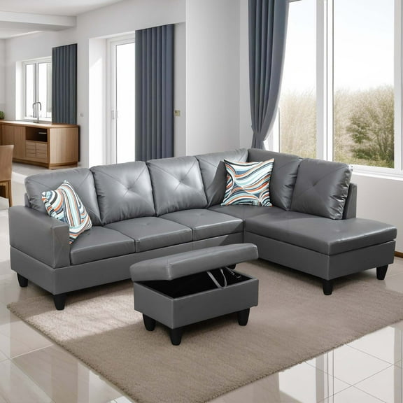 Sectional Couch, L Shaped Couch with Storage Ottoman, Leather Sofas for Living Room Apartment, Modern 3 Piece Sofa Set, Right Chaise, Dark Grey
