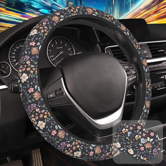 Colorful Wildflower Steering Wheel Cover with 2 Pcs Car Coasters Neoprene Steering Wheel Cover for Women Men Anti-Slip Breathable Car Accessories Universal 15 Inch Fit Auto Cars Trucks