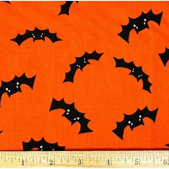 1 Fat Quarter - Halloween Black Bats on Orange Cotton Fabric - 21" X 18"