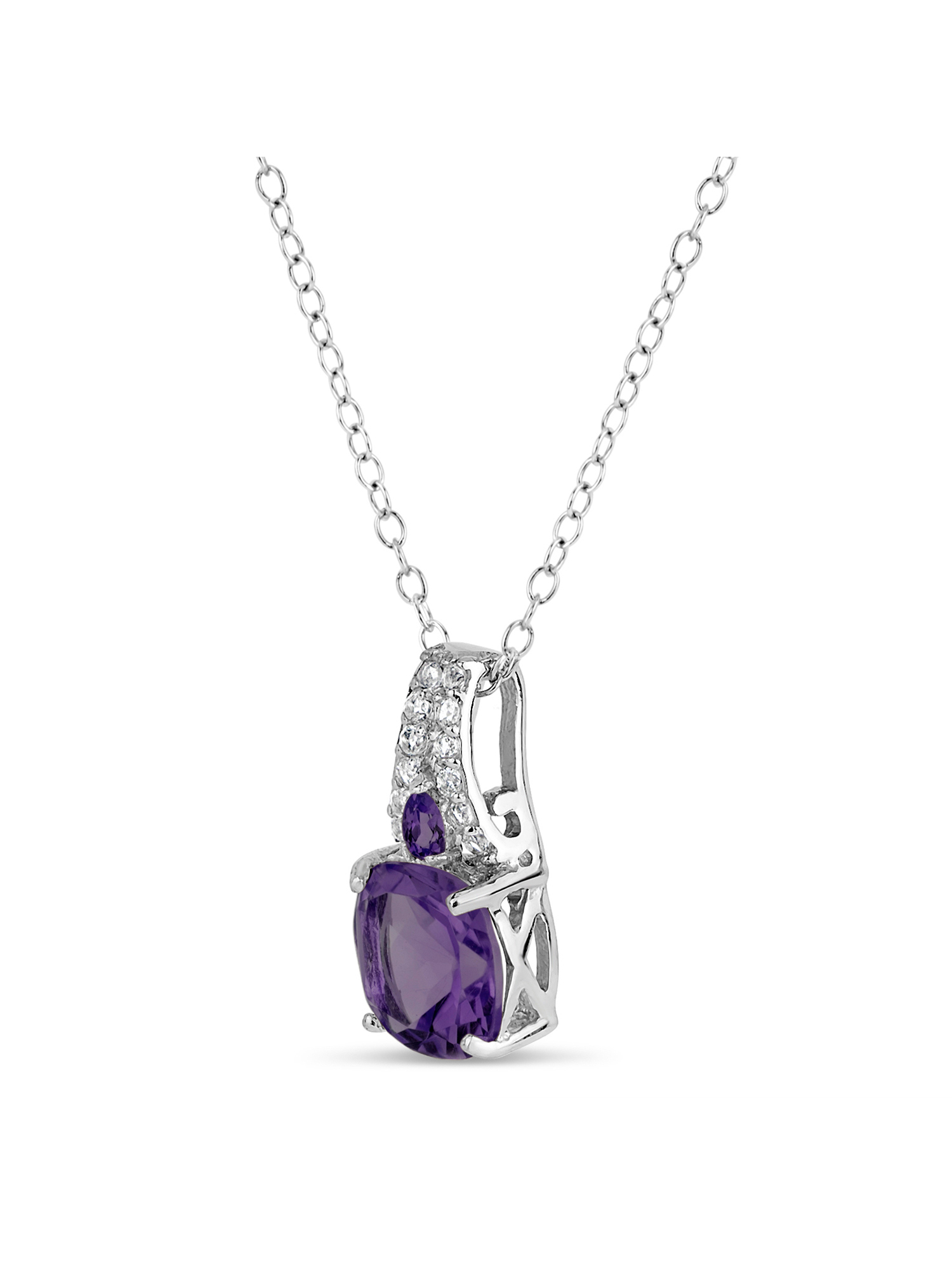 Cushion Brazil Amethyst and White Topaz Sterling Silver Rhodium Plated Pendant Necklace, 18"