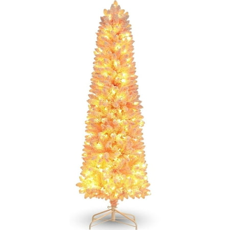 Funcid 6ft Pre-lit Pencil Flocked Slim Artificial Christmas Tree  Pink Christmas Tree with 250 LED Lights  8 Adjustable Flash Modes