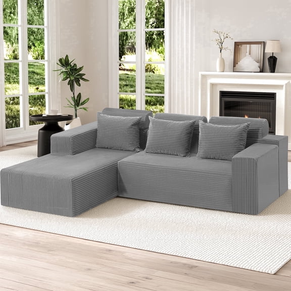HARIPUL 105" L-Shaped Modular Sectional Sofa, Deep Seat Corduroy Couch, Light Grey, Left Facing