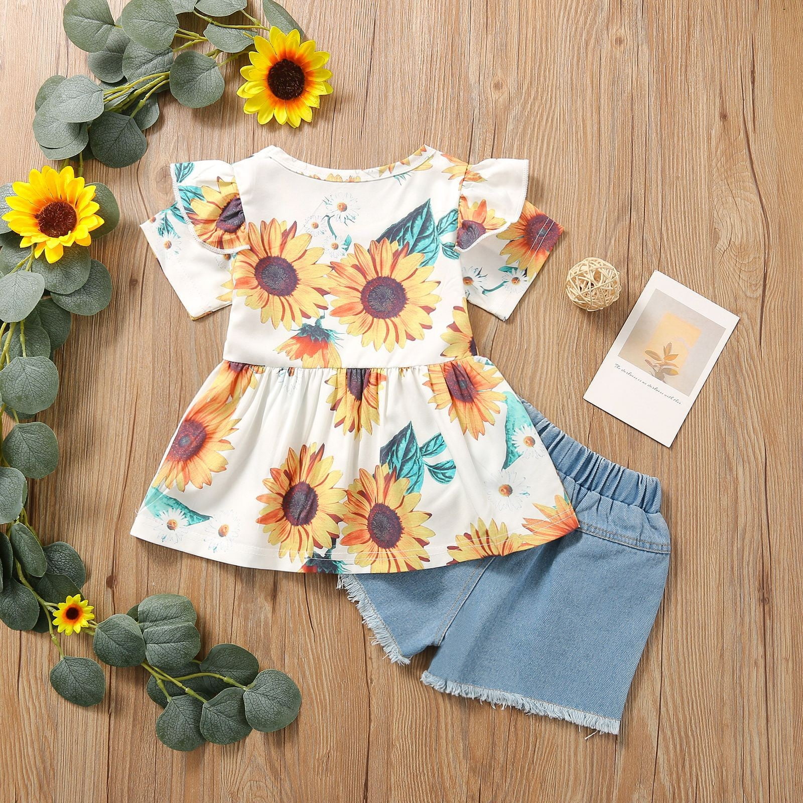 2pcs Baby Girl Letter Print Flutter-sleeve T-shirt and Sunflower Floral Print Suspender Skirt Set