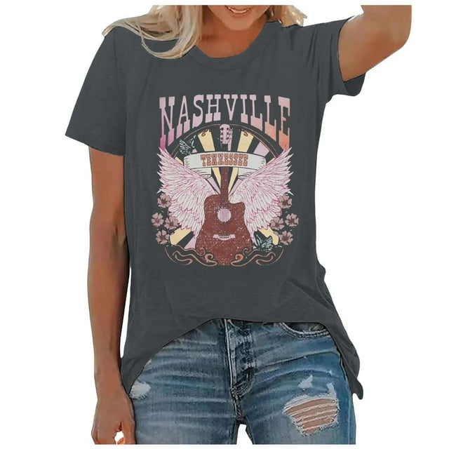 WEIYLL T-Shirts Femmes Musique Country Vintage Imprimé Graphique Manches Courtes Hauts Gris Tailles TG