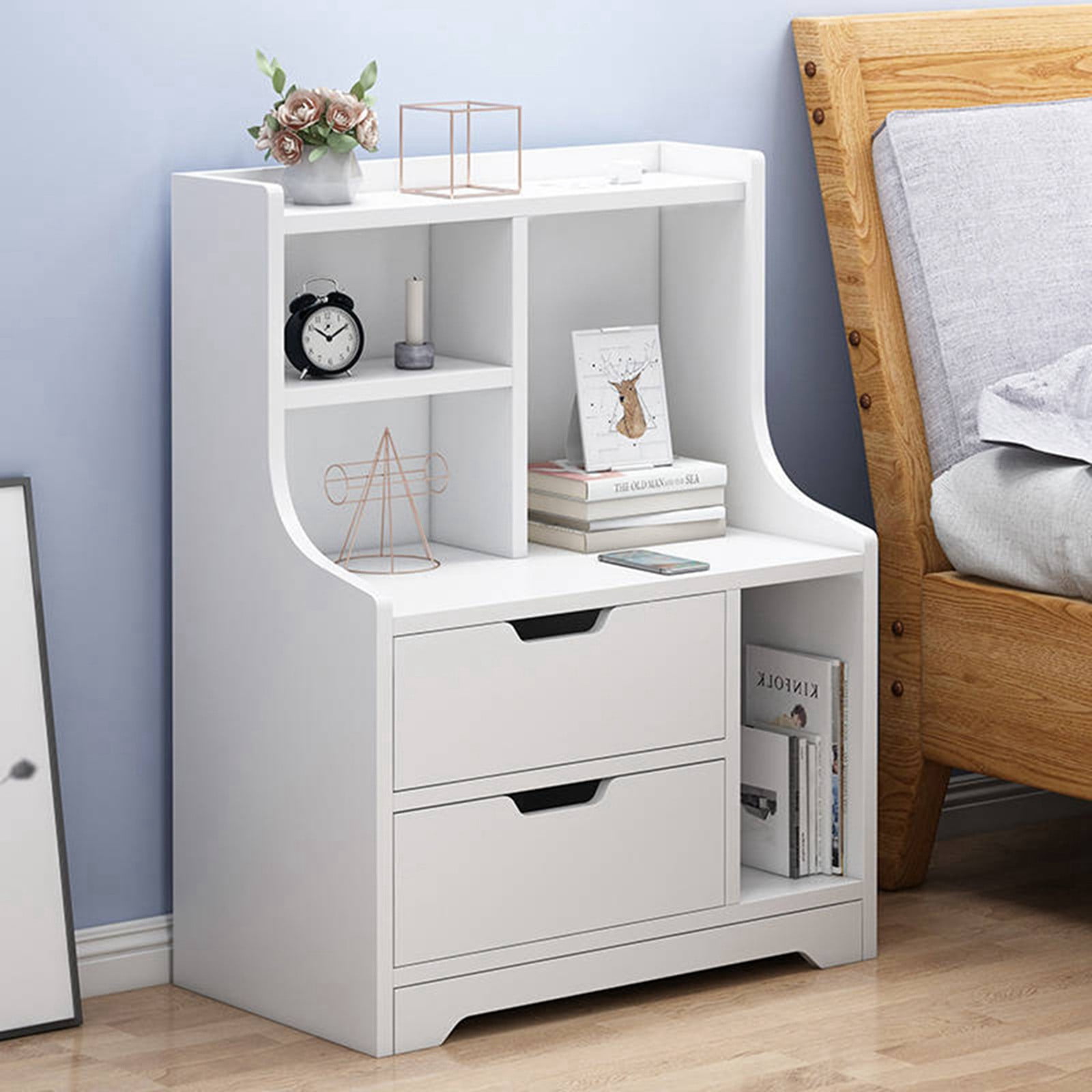 Bedside Table Bedroom Simple Storage Bedside Table Easy Assembly,Composed of 5 Open Grids and 1 Grids with Drawers Yellow 