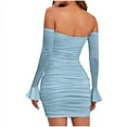 thumbnail image 6 of Womens Sexy Off Shoulder Ruched Bodycon Mini Dress Ruffle Long Sleeve Chest Lace-Up Dress Party Club Short Dresses, 6 of 7