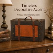 Wooden Vintage Luggage Trunks - Antique Carry on Suitcase Storage Box with Hinged Lids, Old-Fashioned Decorative Box for Dresser, Coffee Table Decor, Shelf Decor or Kitchen Table Decor, Small
