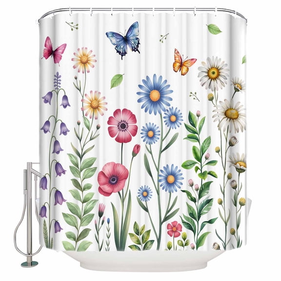 Shower Curtain Bathroom Set Watercolor Flower Butterfly Waterproof Fabric Shower Curtains with Grommets&Hooks Farmhouse Floral Pastoral Style Privacy Bath Curtain for Bathtub 36x72in