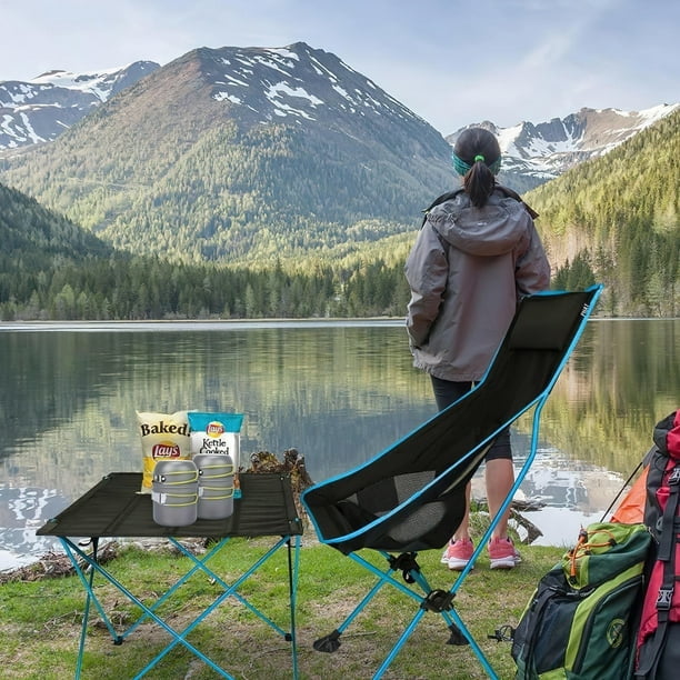 Portable High Back Camping Chair with Headrest, Folding Seat for Fishing/BBQ, Blue - Moustache