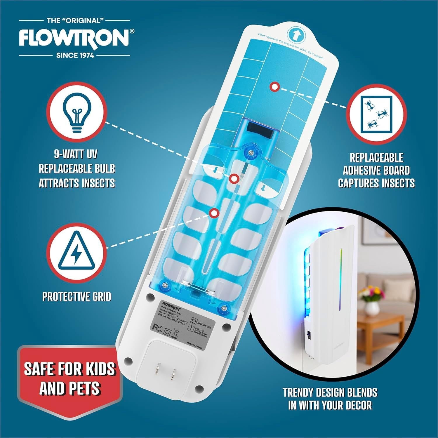 Flowtron Indoor Fly Trap, 9W UV Light, Silent Mosquito & Gnat Catcher, 375 Sq Ft - White