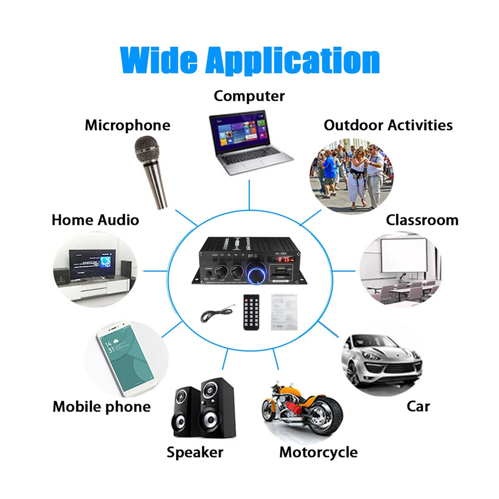 40W*2 Ak380 Bluetooth 5.0 HiFi Power Amplifiers Stereo Home Car Audio 12V Digital Sound Amplifier BASS Music Player FM Radio ,Wide Application