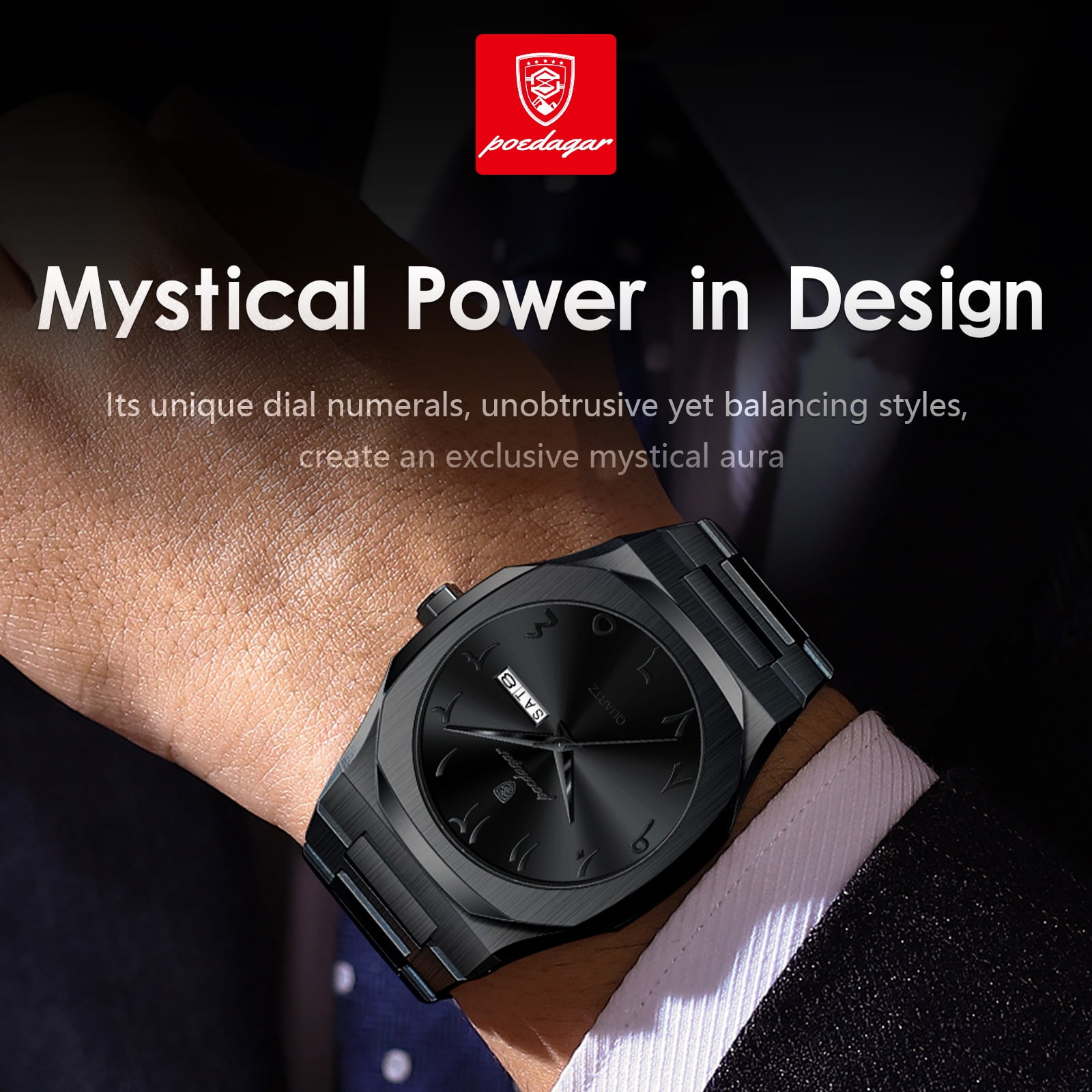 POEDAGAR Men's Luxury Watch Stainless Steel Quartz Wristwatch with Black Dial, 3ATM Waterproof for Daily
