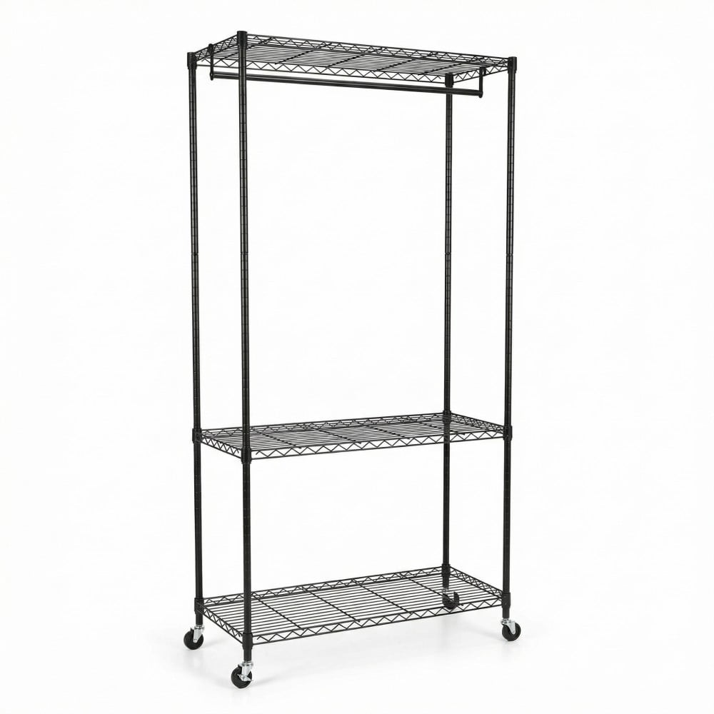 Rolling Clothes Rack, Heavy Duty Garment Rack with 3-Tier Wire Shelves & Hanging Rod, Freestanding Closet Organizer with 360° Wheels, Black