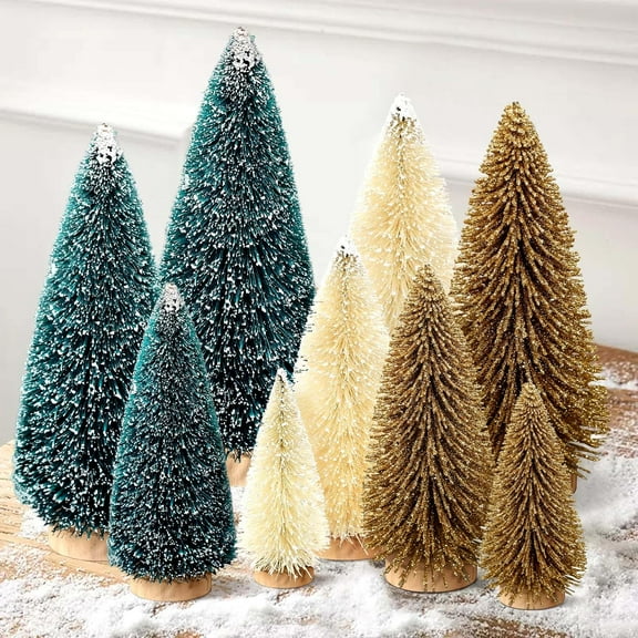 6/9Pcs Mini Christmas Trees Christmas Decor Artificial Christmas Decorations with 4 Sizes, Christmas Tree Bottle Brush Trees Christmas Table Decorations (Dark Green Golden Beige)