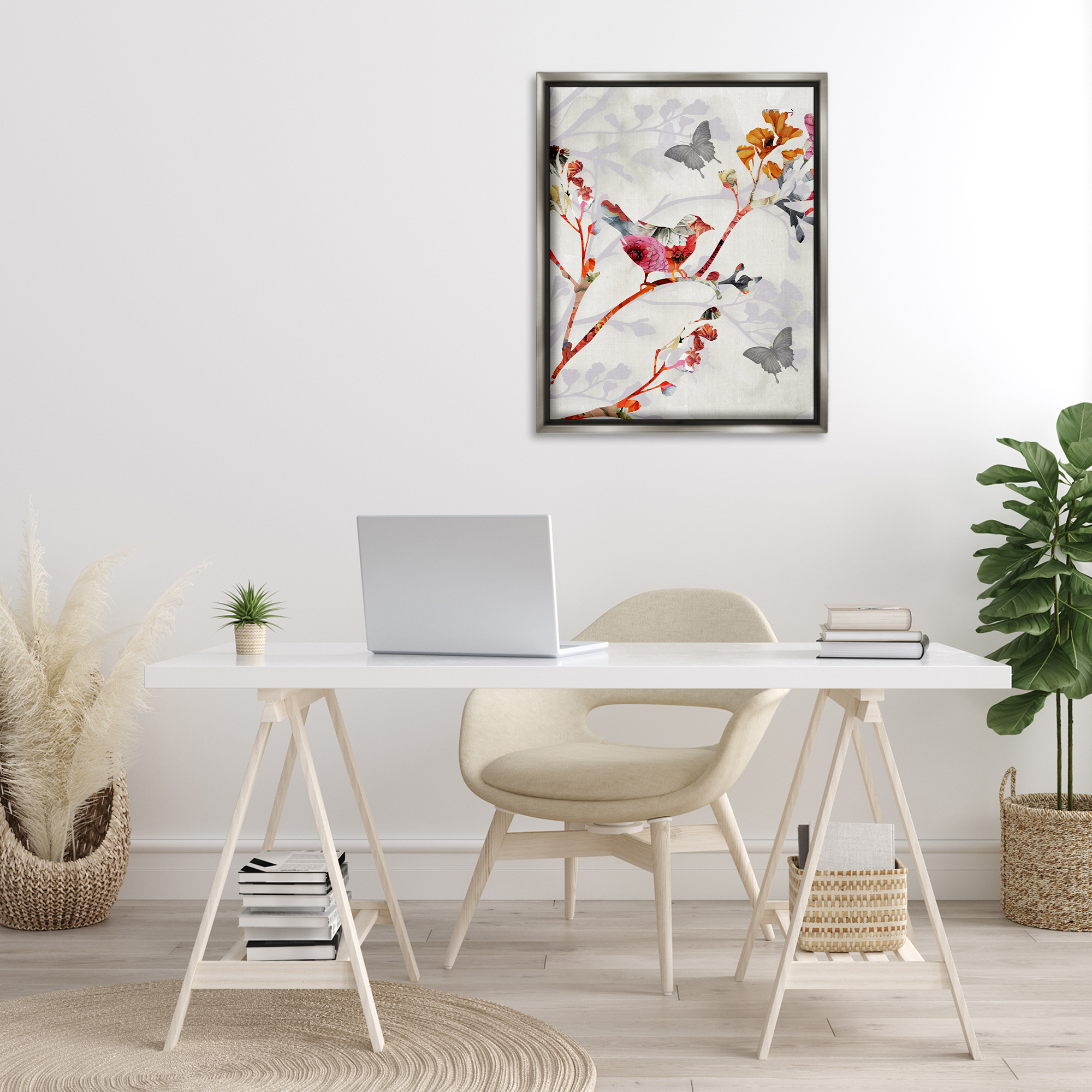 Stupell Industries Birds & Butterflies Nature Landscape Painting Gray Floater Framed Canvas Art Print Wall Art, 25 x 31