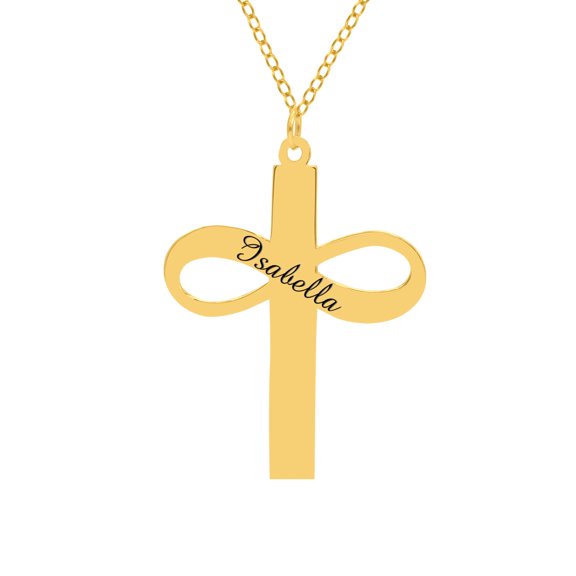 Personalized Sterling Silver or 14K Gold Plated Sterling Silver Laser Engraved Infinity Cross Necklace with 18 inch Link Chain. Spring Ring Clasp.