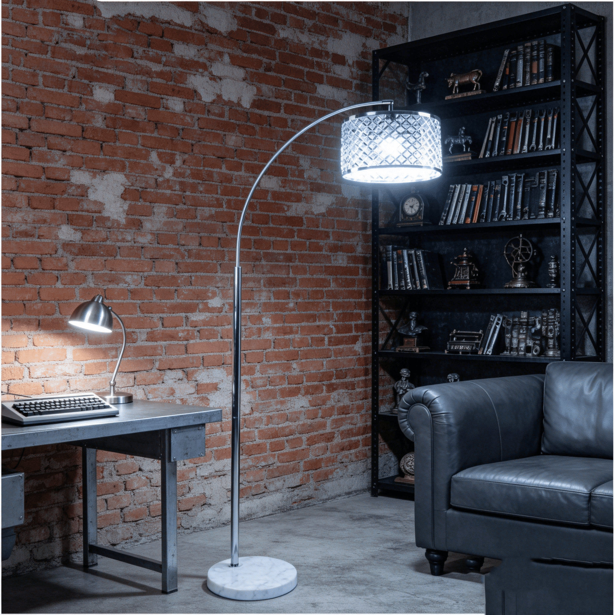 JERFIT Modern Arc Floor Lamp with Crystal Shade, Silver Finish, Marble Base for Living Room, Bedroom Ambient Lighting