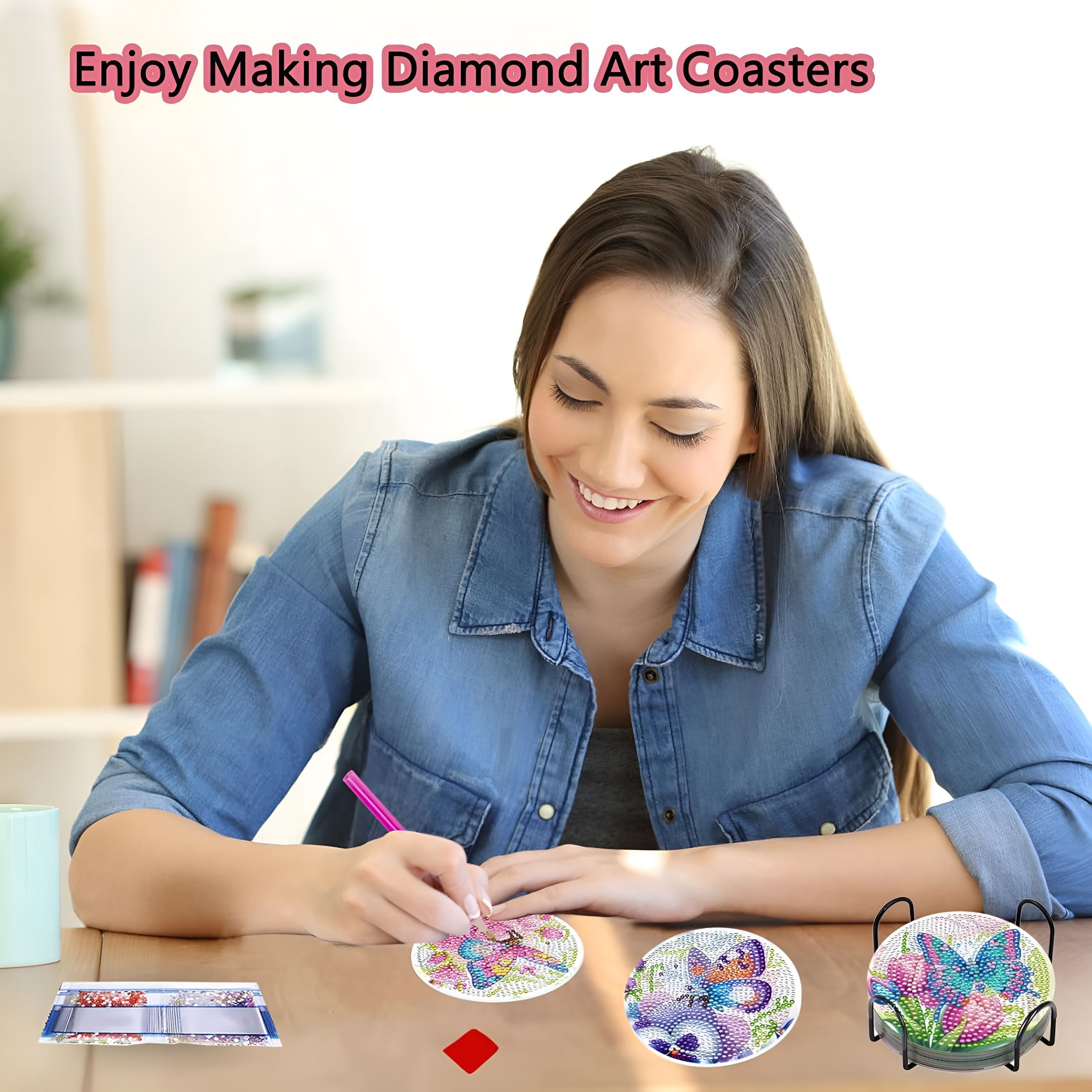 BPPEG Diamond Art Painting Coasters Kit,8 Pcs Colorful Butterfly Coasters with Holder,Diy Diamond Art Painting for Beginners,Diamond Art Kits for Adults