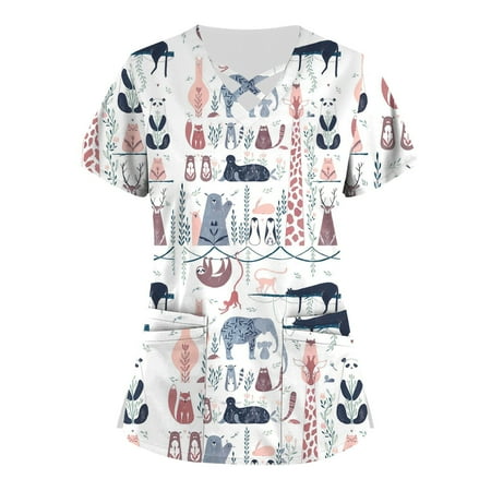 

Apepal Plus Size Cute Printed Scrub Working Uniform Scrub Tops for Women Cross V-Neck Short Sleeve Fun T-shirt Tee with Pockets