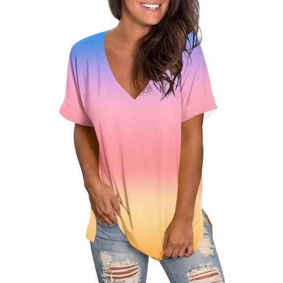 Olyvenn Summer Tops for Women 2025 Gradient Color T Shirts Short Sleeve V Neck Blouse Casual Trendy Going Out Tunic Tops Tees Sky Blue XXXL