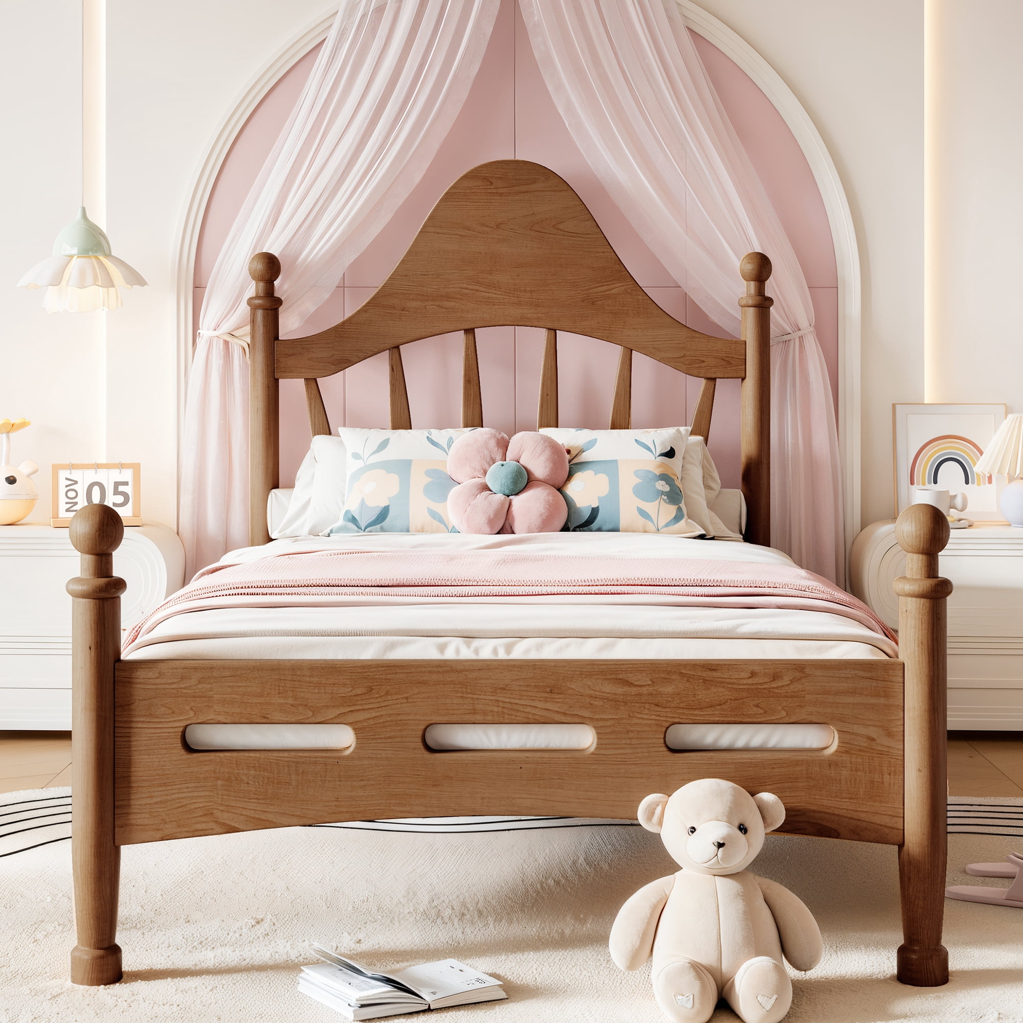 Leumius Twin Size Platform Bed with Chic Headboard, Solid Wood Bed Frame with Slatted Support, Low to Ground Design for Bedroom Brown
