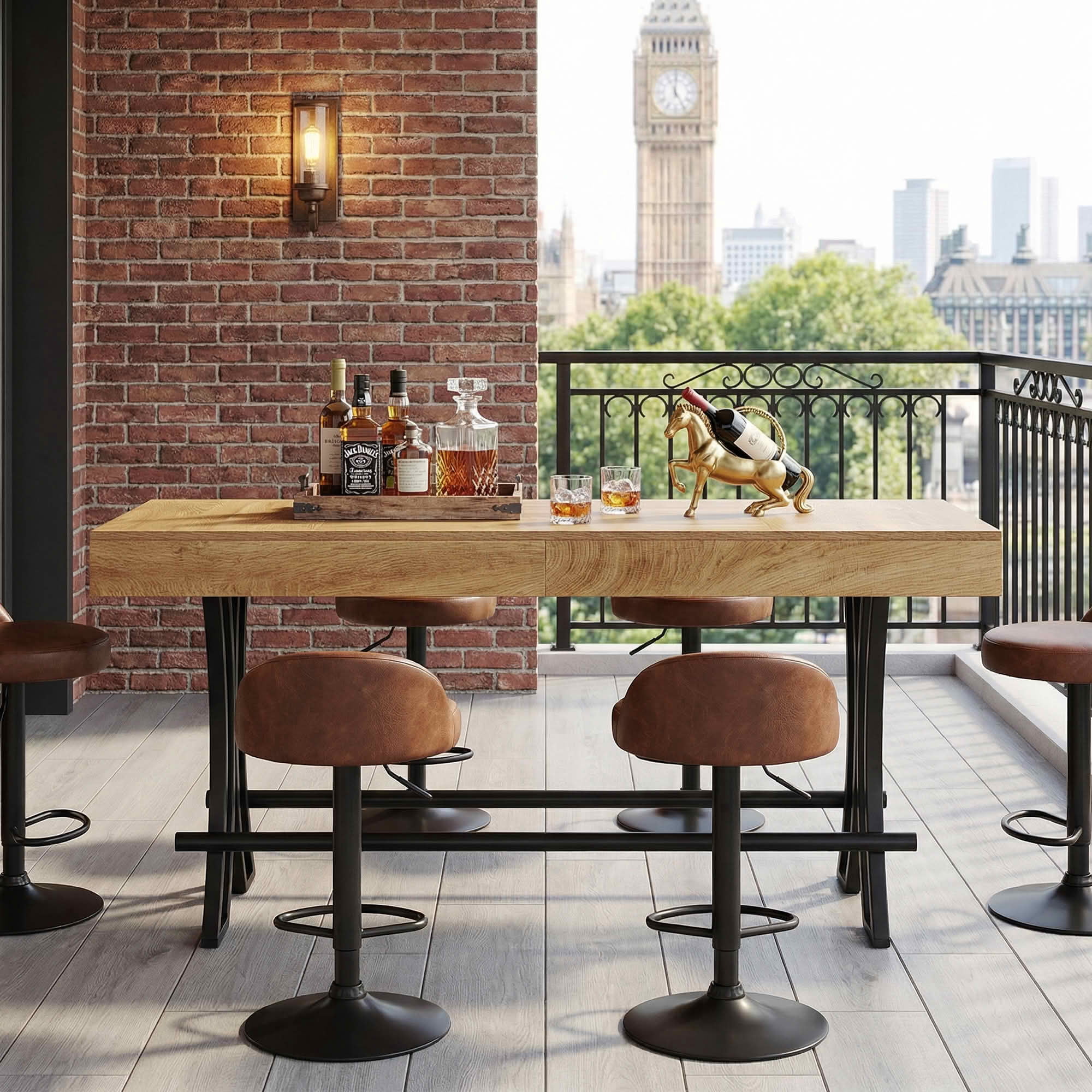 MAYEERTY 63" Industrial Farmhouse Counter Height Table, 6-8 Seater with Metal Footrest, Rustic Wood Grain MDF Top Kitchen Pub Table