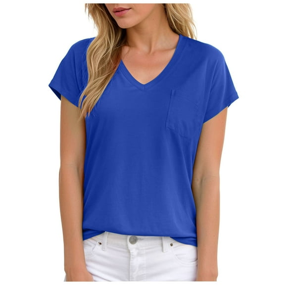 vigerkar Womens Summer Tops Short Sleeve Shirts for Women V Neck Basic Fashion Clothes With Pocket Blue, XXL