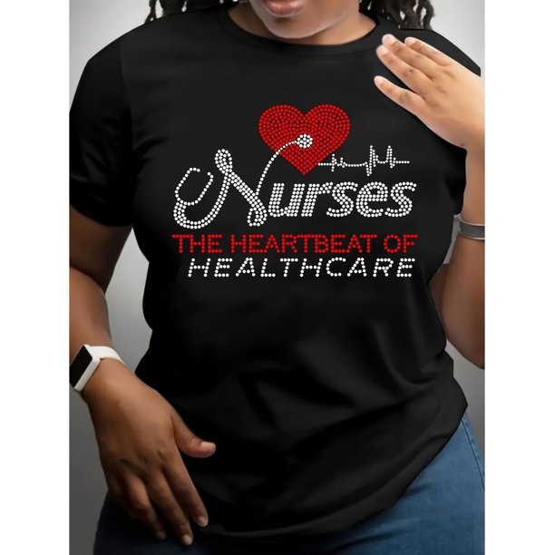 Women's "Nurses: The Heartbeat of Healthcare" Black T-Shirt - Casual Crew Neck, Short Sleeve, 100% Cotton, Machine Washable - Stethoscope & Heart Design for Spring/Summer/Fall, Nurse Shirt