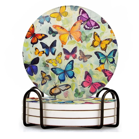 BaHomeck Drink Coasters Set of 4 with Holder various butterflies with unique color fluttering Water Absorbent Ceramic Coasters Tabletop Protection,Suitable for Various Cup ,Home Decor