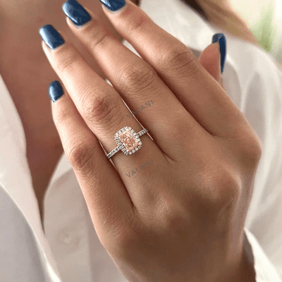 1.5Ct Lab Grown Pink Diamond Ring 14K White Gold Cushion Halo Design