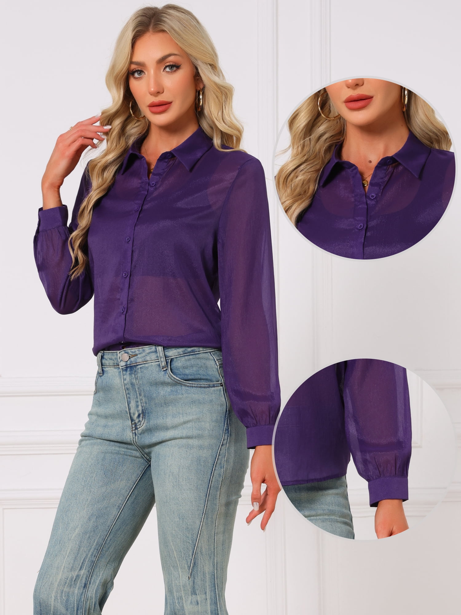 DARING DIVA Women's Long Sleeve Tops Button Down See Through Mesh Shirt L Dark Purple