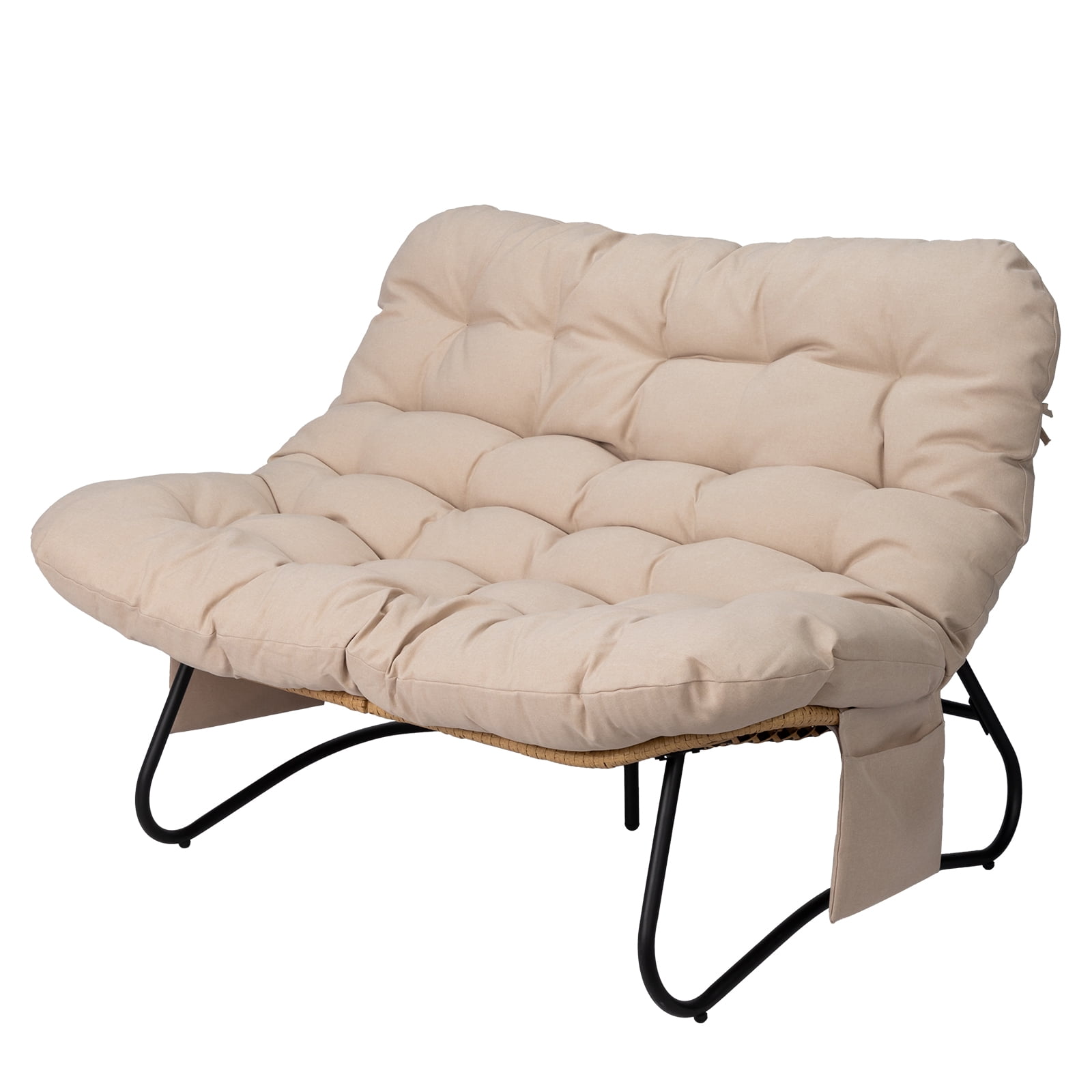 2-Seater Curved Wicker Loveseat with Magazine Pockets & Beige Cushion, 133x94x87cm