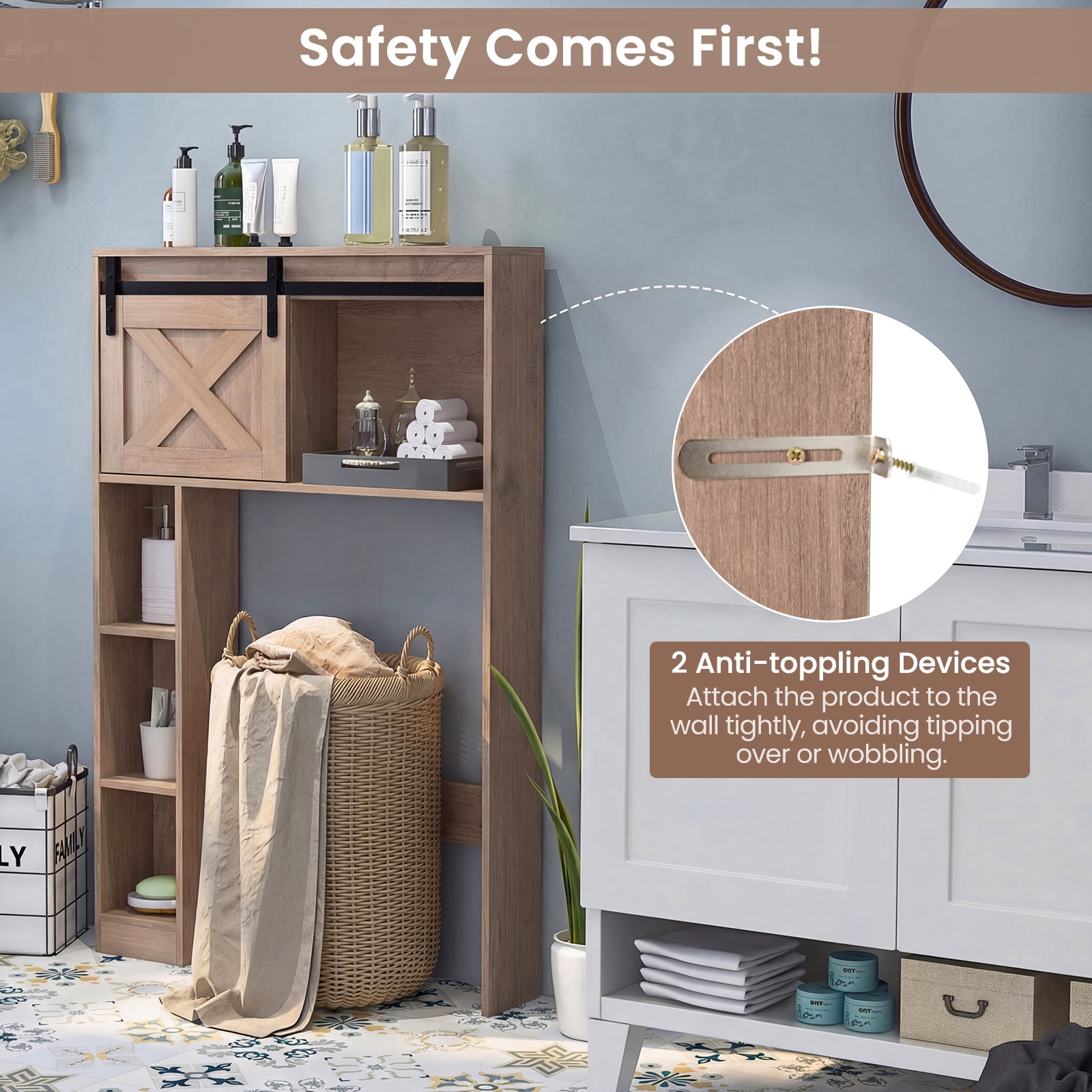 Costway Over the Toilet Bathroom Storage Cabinet with Sliding Barn Door Rustic Brown