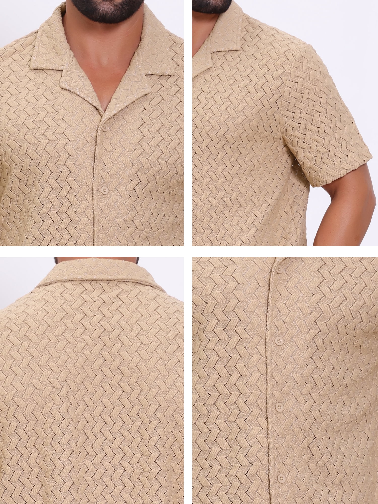 DARING DIVA Men's Hollow Jacquard Camp Collar Short Sleeve Beach Texture Shirts 3XL Khaki