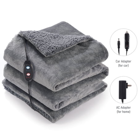 MARNUR Electric Throw Blanket with Car Charger, Flannel & Shu Velvet for Home & Car Use, Gray