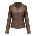 thumbnail image 2 of Arvbitana Women's Faux Leather Jacket Solid Color Long Sleeve Stand Collar Zipper Biker Coat Ladies Casual Outerwear for Streetwear, 2 of 4