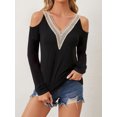 thumbnail image 4 of Scyoekwg Long Sleeve Shirts for Women V-Neck Crochet Lace Trim Cold Shoulder Tops Solid Color Women Blouses Trendy Dressy Casual Blouses Lightweight Pullover (Black,XXL), 4 of 6