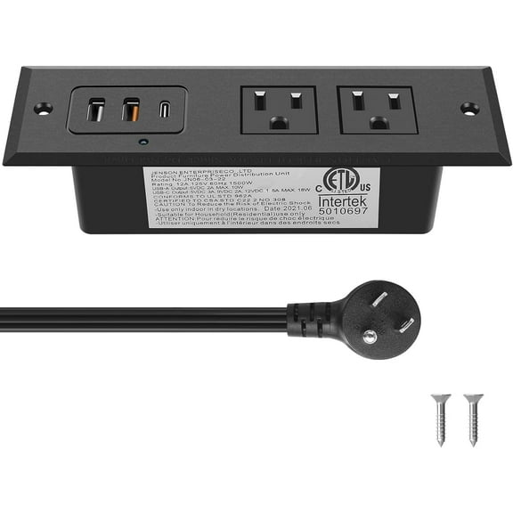 Recessed Power Strip with 20W USB C Port, Fast Charging USB A Port Desk Outlet, Furniture Hidden Charging Station for Side Table, End Table, with 6FT 45 Degree Flat Plug Extension Cord,Black