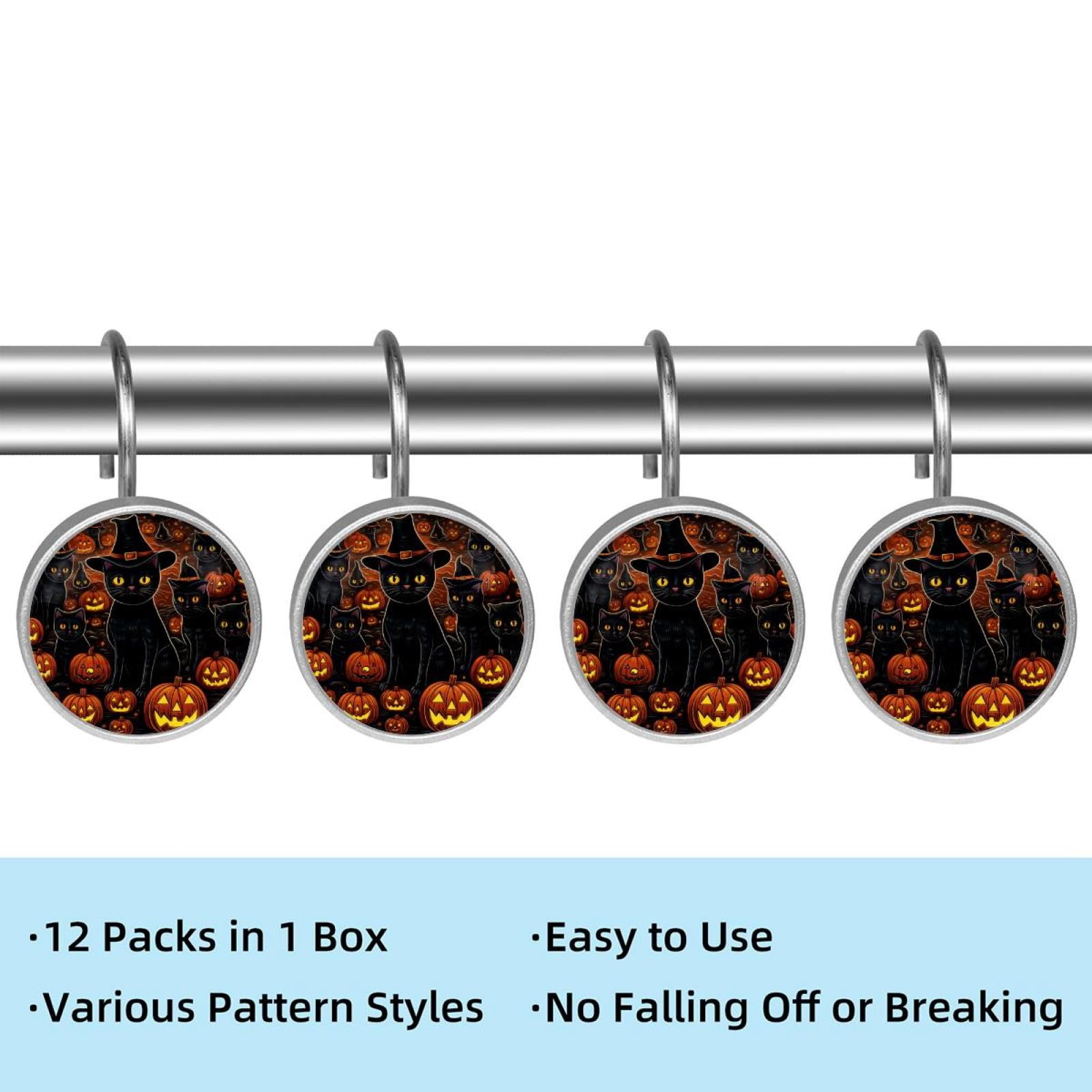 12pcs Decorative Shower Curtain Hooks, Rust Resistant Shower Rings for Bathroom Living Room,Rustproof Stainless Steel Rings for Shower Curtain and Liner Rods,Halloween Cat R