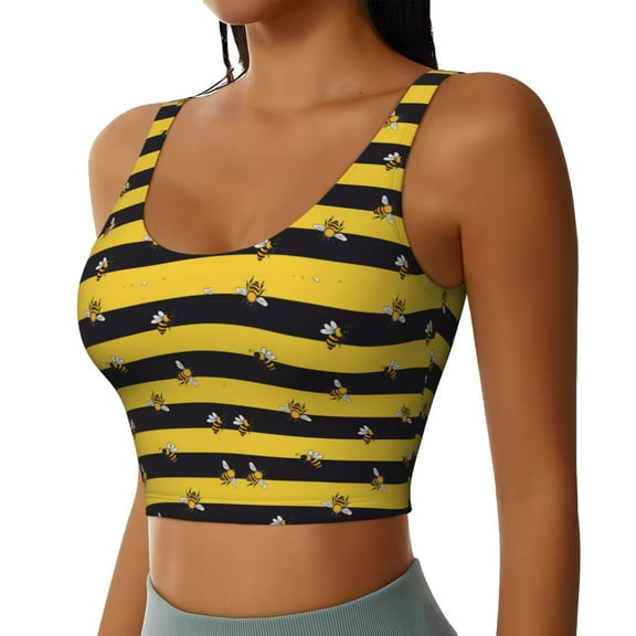 Picia Striped With Bees Sports Bra for Women,Padded Strappy Sports Bras Medium Support Yoga Bra with Removable Cups,Running Yoga Bra-Small