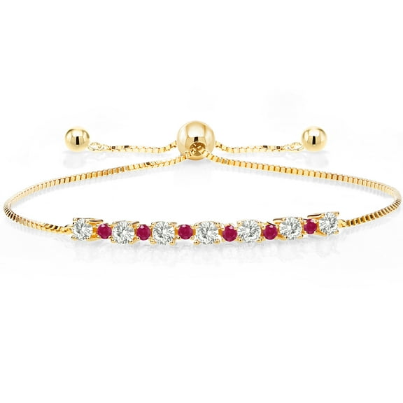 Gem Stone King 18K Yellow Gold Plated Silver Adjustable Tennis Bracelet for Women up to 9 inch Set with Round 0.88cttw Moissanite and Ruby