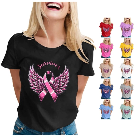 Trendfront Womens Pink Ribbon Angel Wings Graphic T Shirts Crewneck Short Sleeve Awareness Tee Tops Relaxed Everyday Style