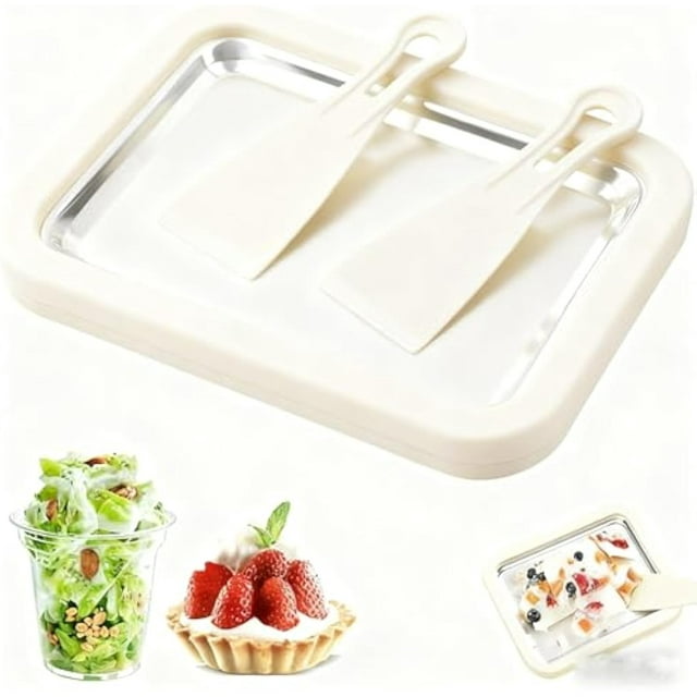 At-Home Rolled Ice Cream Maker Kit, Instant Freeze Plate with 2 Scrapers, DIY Homemade Rolled Ice Cream tray, Yogurt, Sorbet, Fun Family Activity for Kids, Food-Grade Stainless Steel (White)